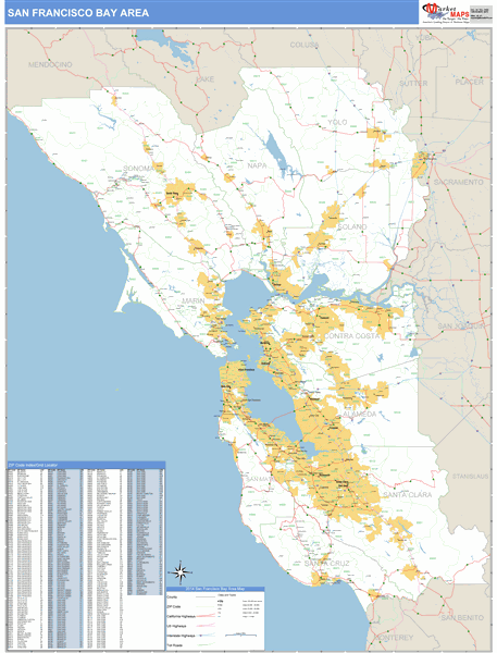 Bay Area California Zip Code Wall Map (Basic Style) by MarketMAPS